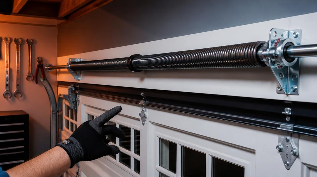 Garage door torsion spring system being inspected by a technician in Rolesville, NC
