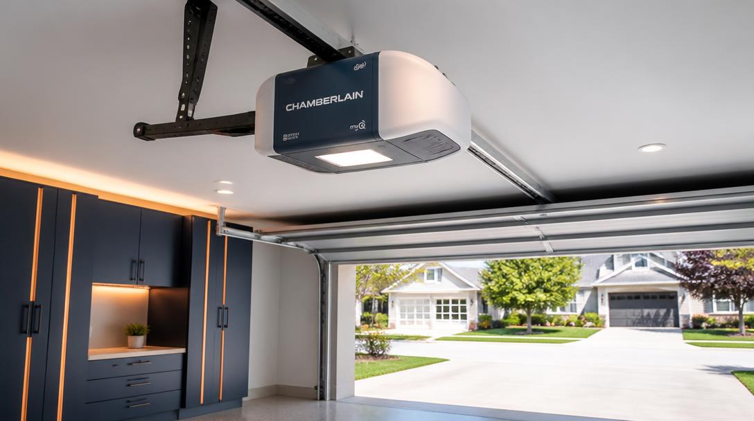 Modern garage door opener mounted on a ceiling in a Rolesville, NC home
